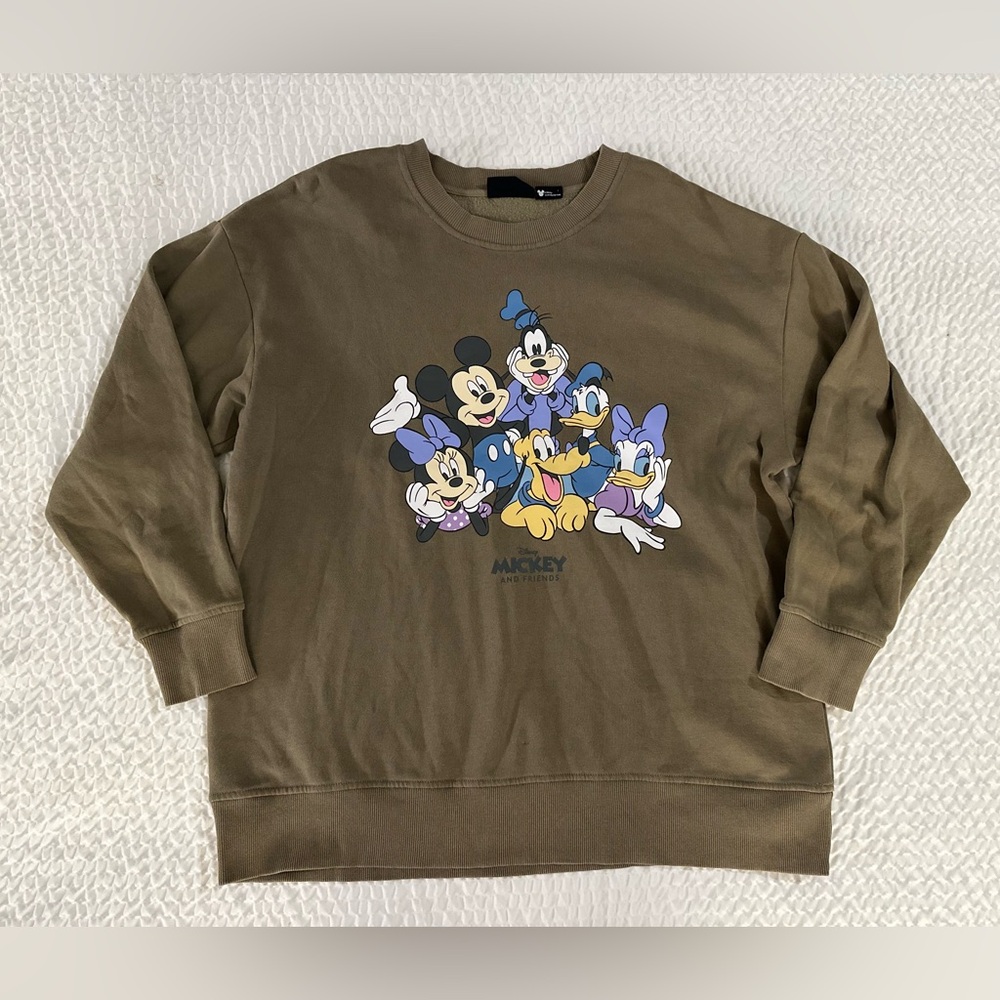 Disney Womance Olive Green Crewneck Sweater Characters Mickey Mouse S M L XL